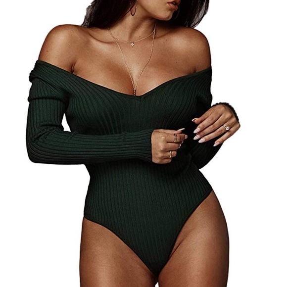 Tops - Off the shoulder knit ribbed long sleeve bodysuit